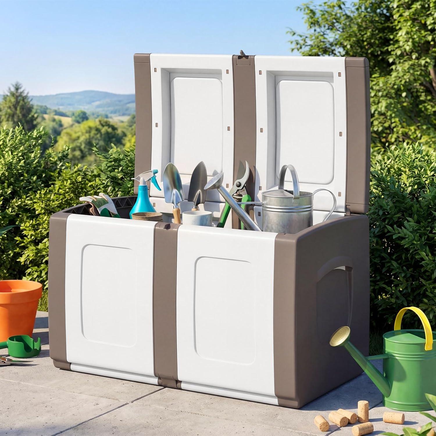 image:imageGiantex Outdoor Deck Box 27 Gallon Patio Container with Lockable Lid Weatherproof Plastic Storage Bin for Packages Garden Tools Cushions Pool Supplies SmallGreyBeige