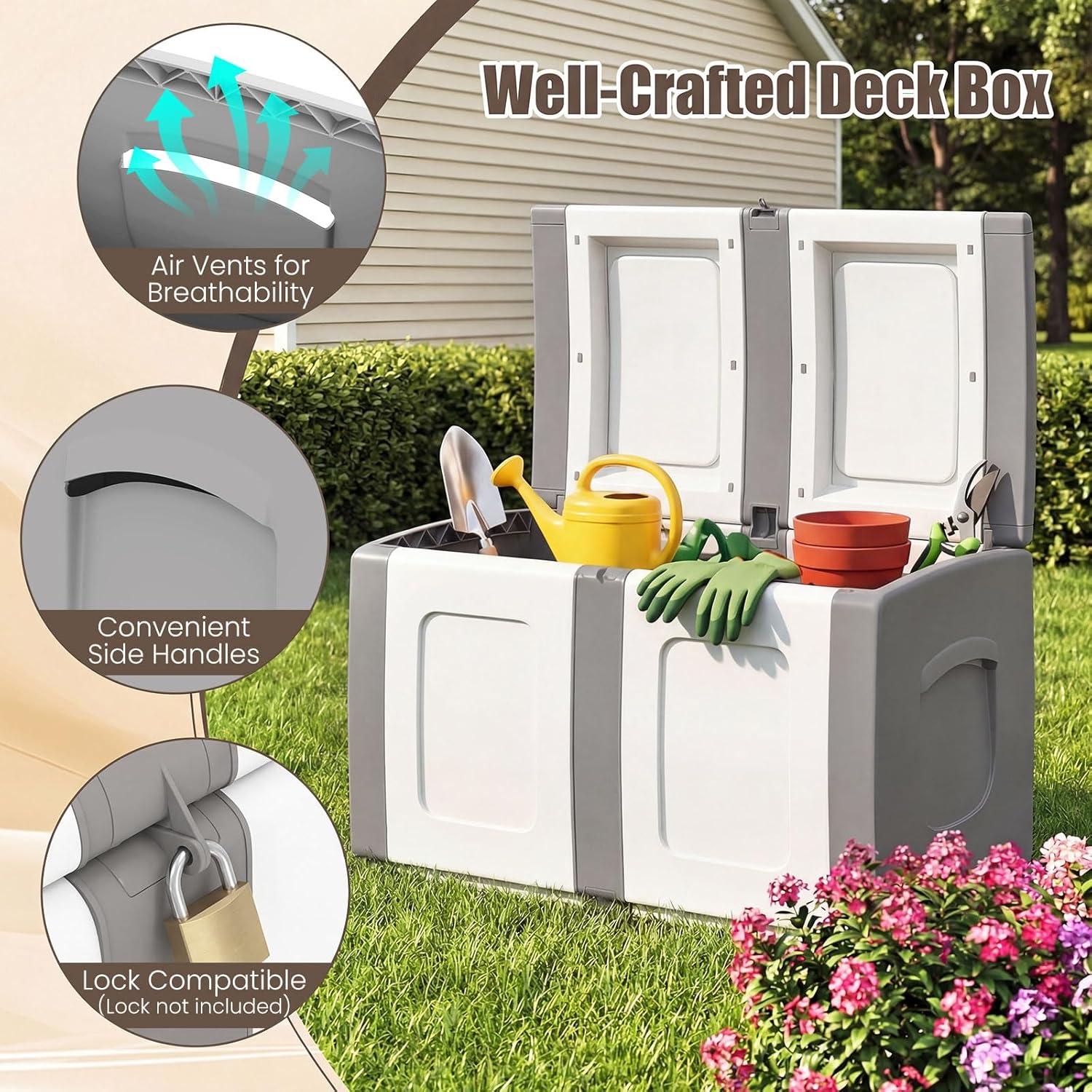 image:imageGiantex Outdoor Deck Box 27 Gallon Patio Container with Lockable Lid Weatherproof Plastic Storage Bin for Packages Garden Tools Cushions Pool Supplies SmallGreyGrey