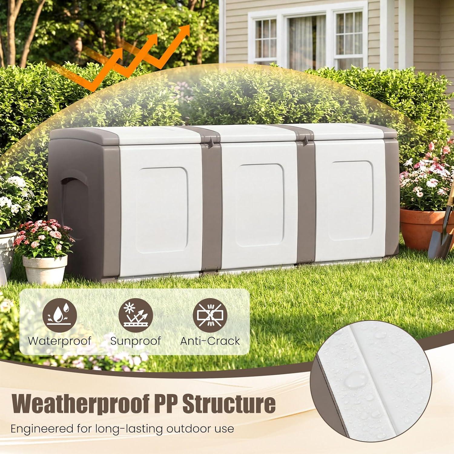 image:imageGiantex Outdoor Deck Box 27 Gallon Patio Container with Lockable Lid Weatherproof Plastic Storage Bin for Packages Garden Tools Cushions Pool Supplies SmallGreyBeige