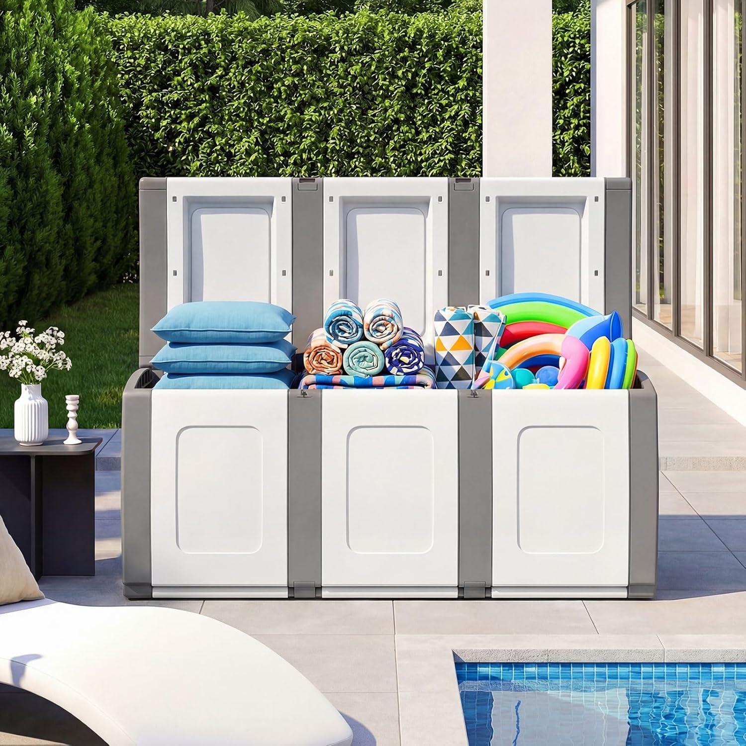 image:imageGiantex Outdoor Deck Box 27 Gallon Patio Container with Lockable Lid Weatherproof Plastic Storage Bin for Packages Garden Tools Cushions Pool Supplies SmallGreyGrey