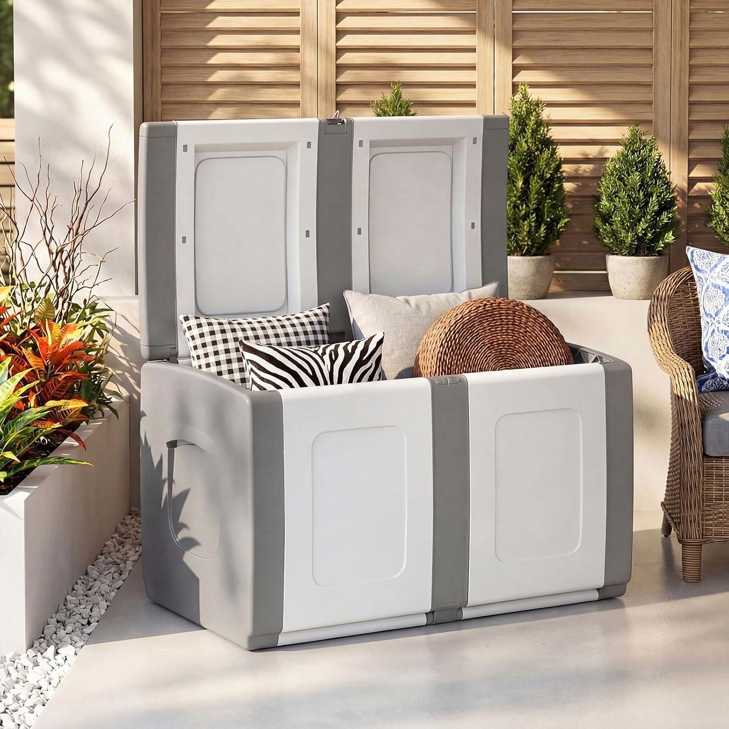 image:imageGiantex Outdoor Deck Box 27 Gallon Patio Container with Lockable Lid Weatherproof Plastic Storage Bin for Packages Garden Tools Cushions Pool Supplies SmallGreyGrey