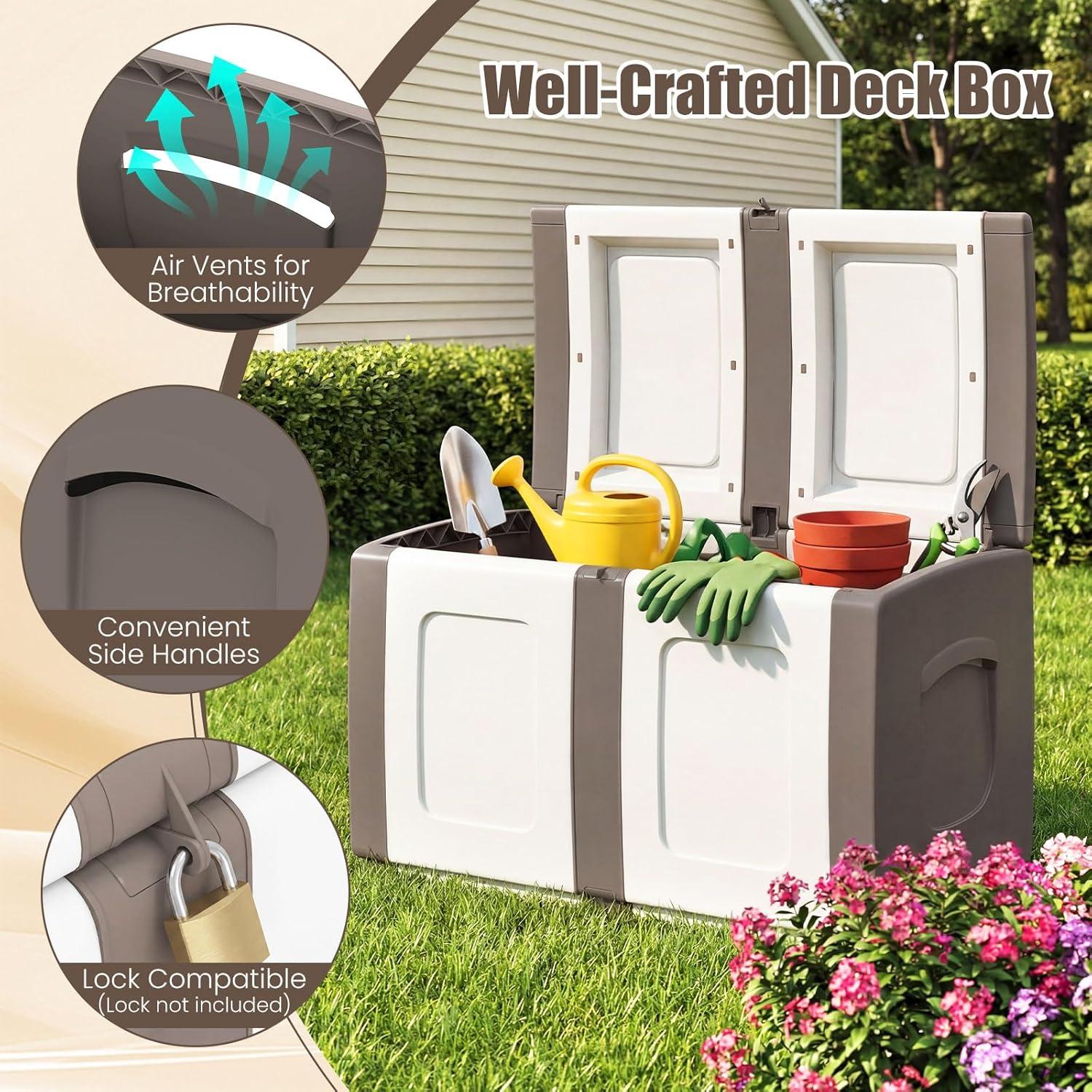 image:imageGiantex Outdoor Deck Box 27 Gallon Patio Container with Lockable Lid Weatherproof Plastic Storage Bin for Packages Garden Tools Cushions Pool Supplies SmallGreyBeige