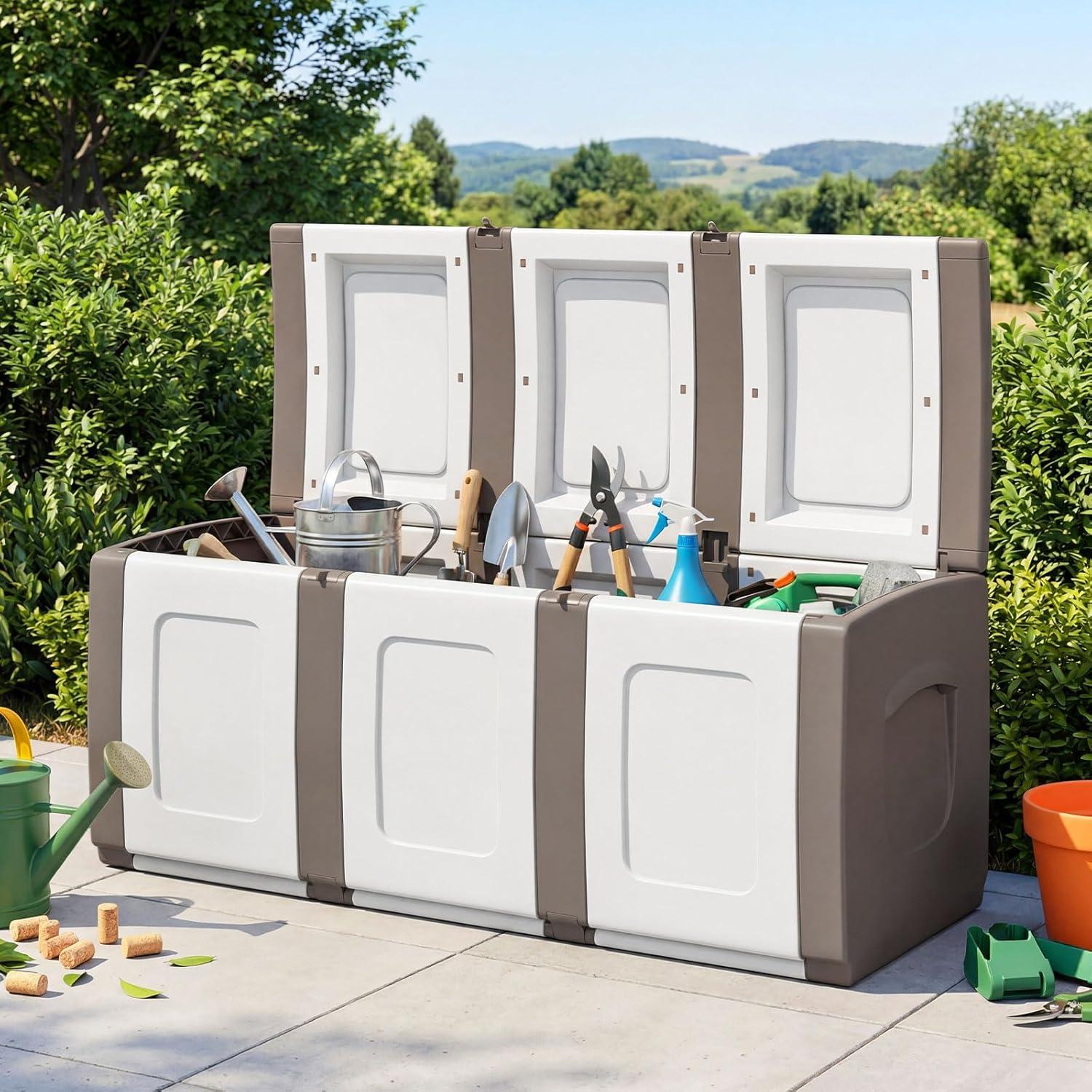 image:imageGiantex Outdoor Deck Box 27 Gallon Patio Container with Lockable Lid Weatherproof Plastic Storage Bin for Packages Garden Tools Cushions Pool Supplies SmallGreyBeige
