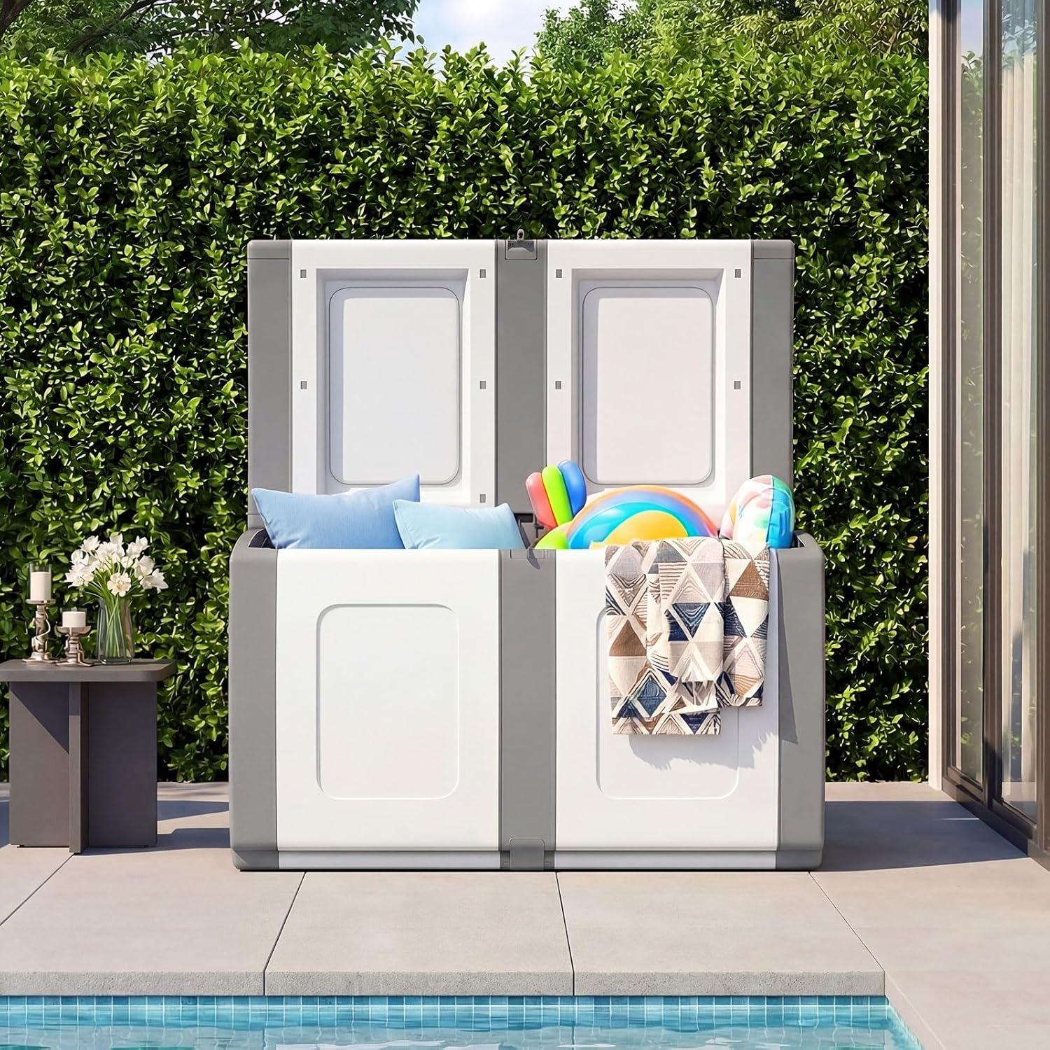 image:imageGiantex Outdoor Deck Box 27 Gallon Patio Container with Lockable Lid Weatherproof Plastic Storage Bin for Packages Garden Tools Cushions Pool Supplies SmallGreyGrey