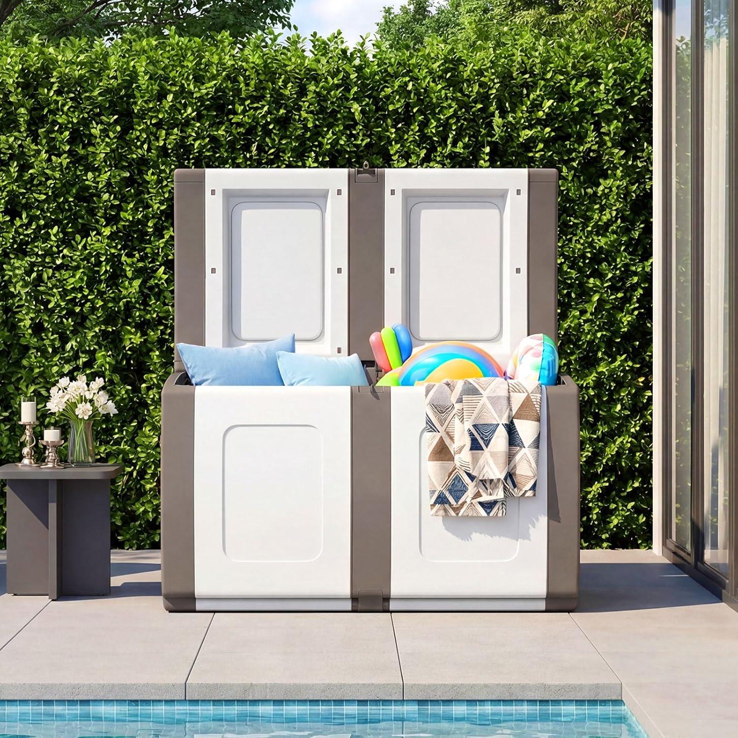 image:imageGiantex Outdoor Deck Box 27 Gallon Patio Container with Lockable Lid Weatherproof Plastic Storage Bin for Packages Garden Tools Cushions Pool Supplies SmallGreyBeige