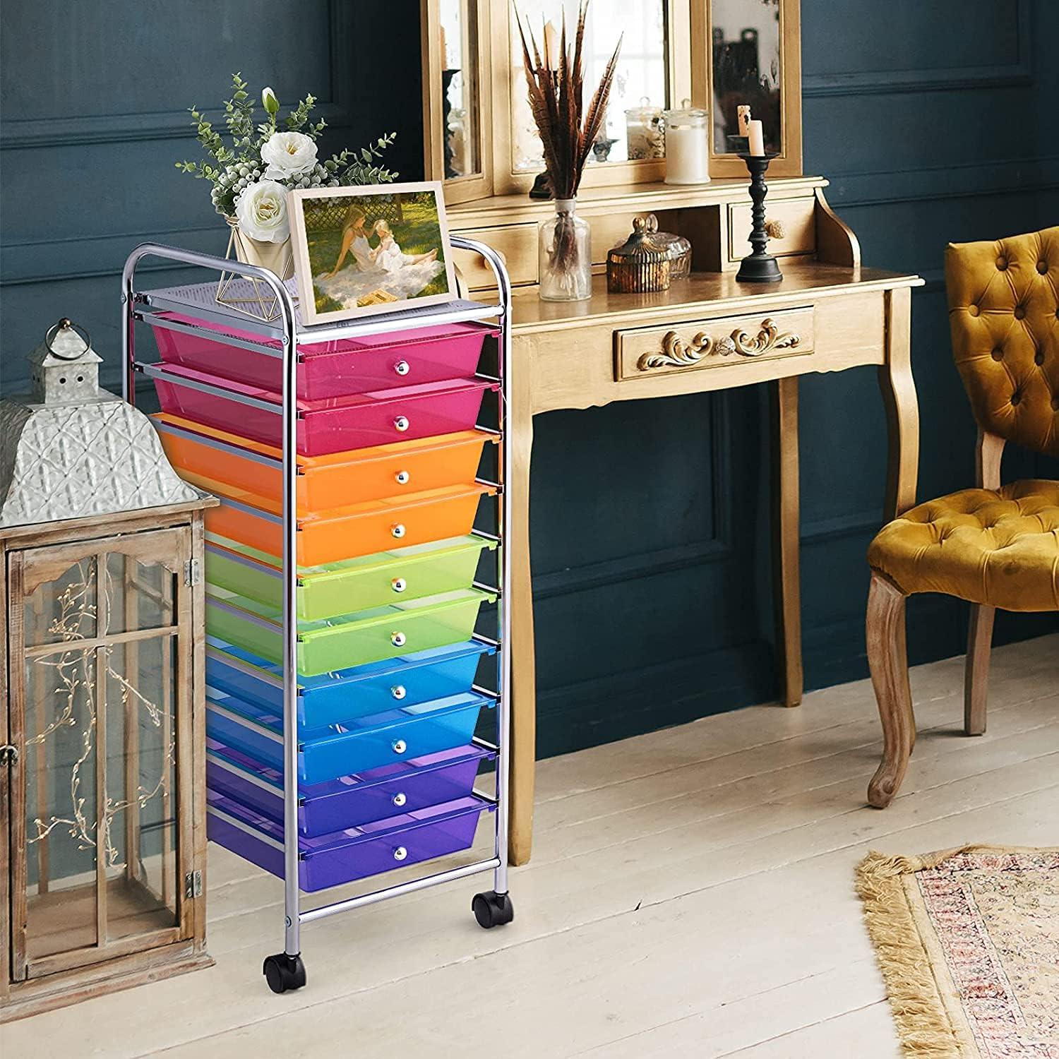 image:imageGiantex Plastic Boxes 10 Drawer Rolling Organizer Cart Utility Storage Tools Scrapbook Paper MultiUse Rainbow
