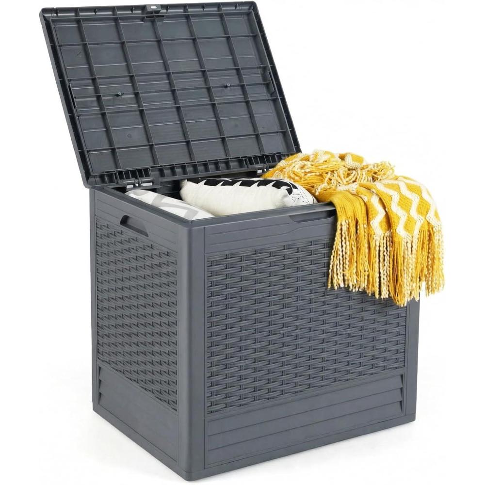 image:imageGiantex 25 Gallon Outdoor Storage Box PP Deck Container with Rattan Patterns amp Lockable Lid AllWeather Patio Plastic Storage Bin for Package Delivery Garden Tools Patio Cushions GreyGrey