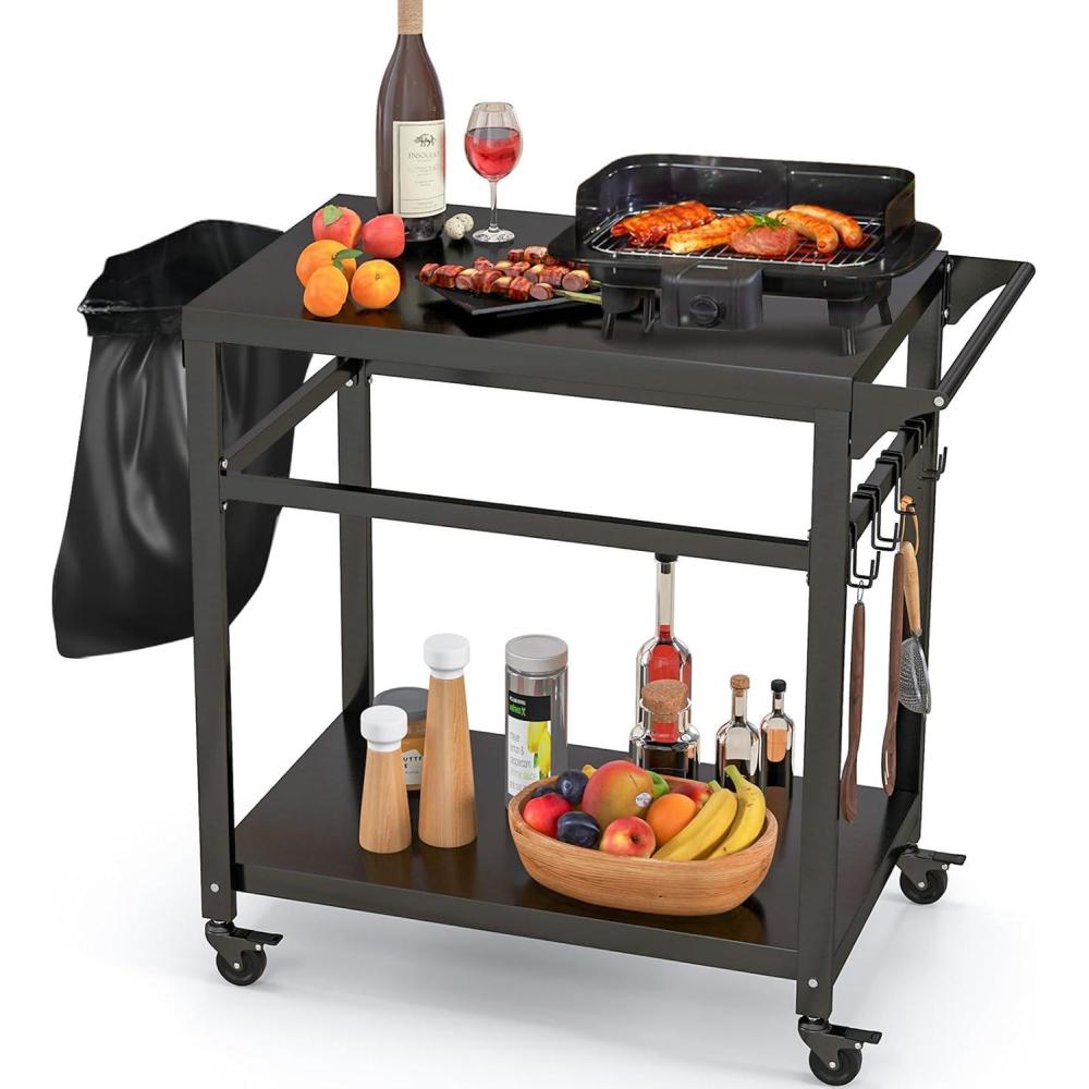 image:imageGiantex Outdoor Grill Cart  Pizza Oven Stand Table with Lockable Wheels DoubleShelf Outdoor Cooking Prep Table with Garbage Bag Holder Removable Hooks Movable Dining Cart for Kitchen BBQ PartyDoubleShelf