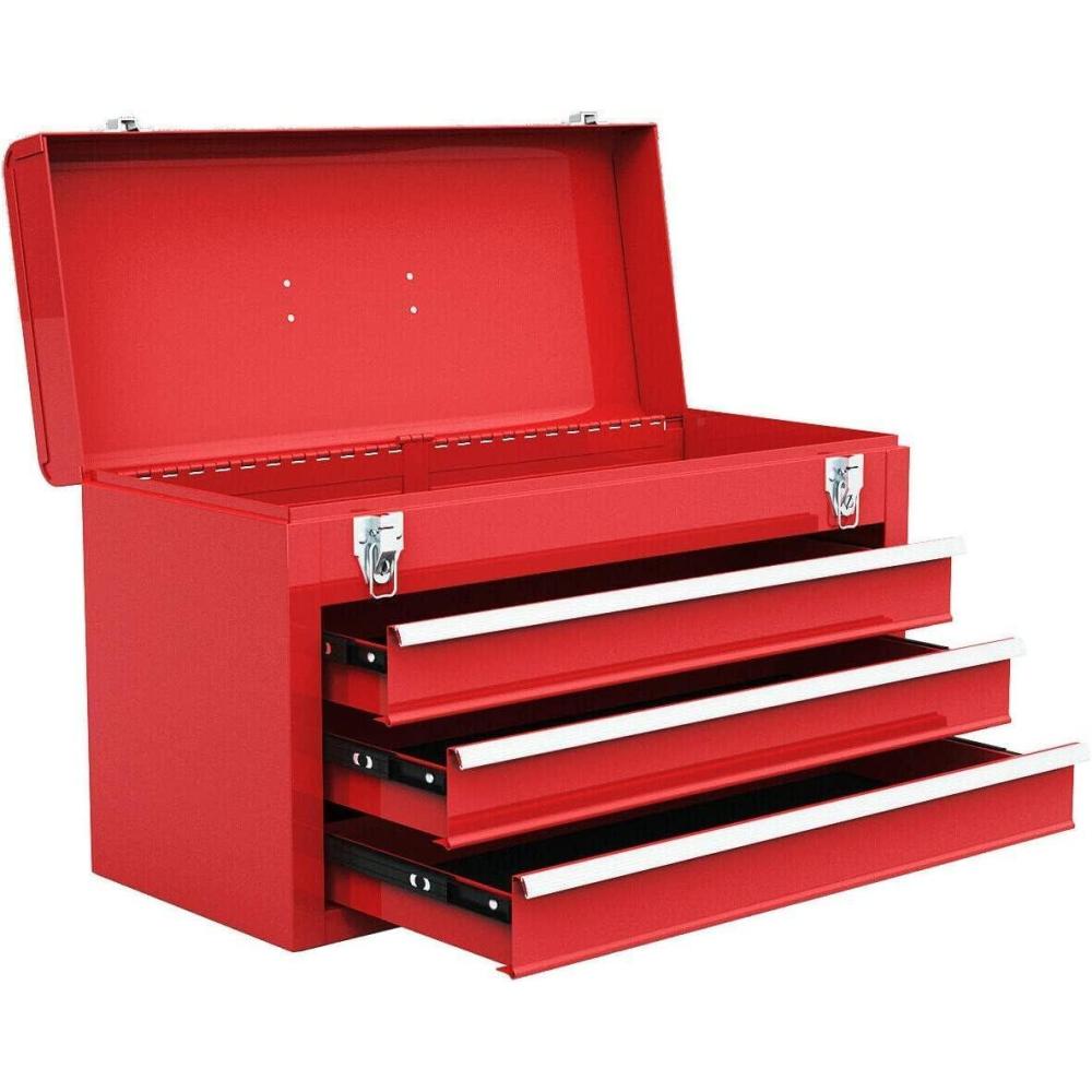 image:imageGiantex Portable Steel Tool Box 205 Toolbox w 3 Drawers amp Top Storage Tray Tool Storage Chest wDouble Latch System Ball Bearing Drawer Slides EVA Liners amp Carrying Handle Red