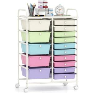 Giantex 15 Drawer Rolling Cart with Drawers, Storage Organizer Cart for Classroom Office School Teacher, Mobile Drawer Cart for Tools, Crafts, Small Printer, Paper, Pastel Ice Cream(Pastel Ice Cream)