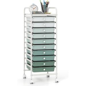 Giantex 15 Drawer Rolling Cart with Drawers, Storage Organizer Cart for Classroom Office School Teacher, Mobile Drawer Cart for Tools, Crafts, Small Printer, Paper, Pastel Ice Cream(Green Gradient)