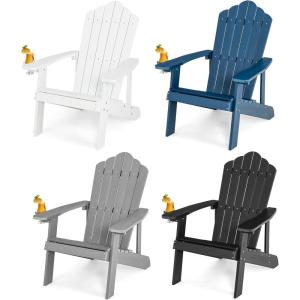 Giantex Outdoor Adirondack Chair – Oversized Patio Chairs w/Hidden Cup Holder, Realistic Wood Grain, 380 LBS Weight Capacity, Weather Resistant Firepit Chairs for Backyard, Garden (1, Red)(Grey black navy white)