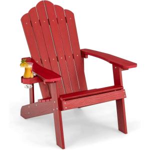 Giantex Outdoor Adirondack Chair – Oversized Patio Chairs w/Hidden Cup Holder, Realistic Wood Grain, 380 LBS Weight Capacity, Weather Resistant Firepit Chairs for Backyard, Garden (1, Red)(Red)