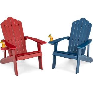 Giantex Outdoor Adirondack Chair – Oversized Patio Chairs w/Hidden Cup Holder, Realistic Wood Grain, 380 LBS Weight Capacity, Weather Resistant Firepit Chairs for Backyard, Garden (1, Red)(Red  Navy)