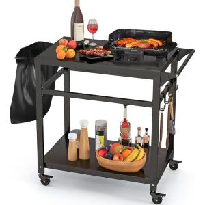 Giantex Outdoor Grill Cart – Pizza Oven Stand Table with Lockable Wheels, Double-Shelf Outdoor Cooking Prep Table with Garbage Bag Holder, Removable Hooks, Movable Dining Cart for Kitchen BBQ Party(Double-Shelf)