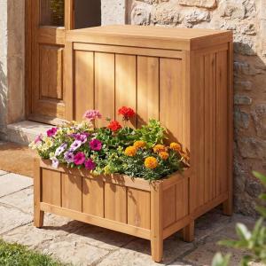 Giantex Outdoor Planter with Storage Box, Wooden Planter Box with Lid & Gas Rod, Multifunctional Garden Planter and Storage Container for Pool Accessories, Garden Tools, Porch & Balcony Organization