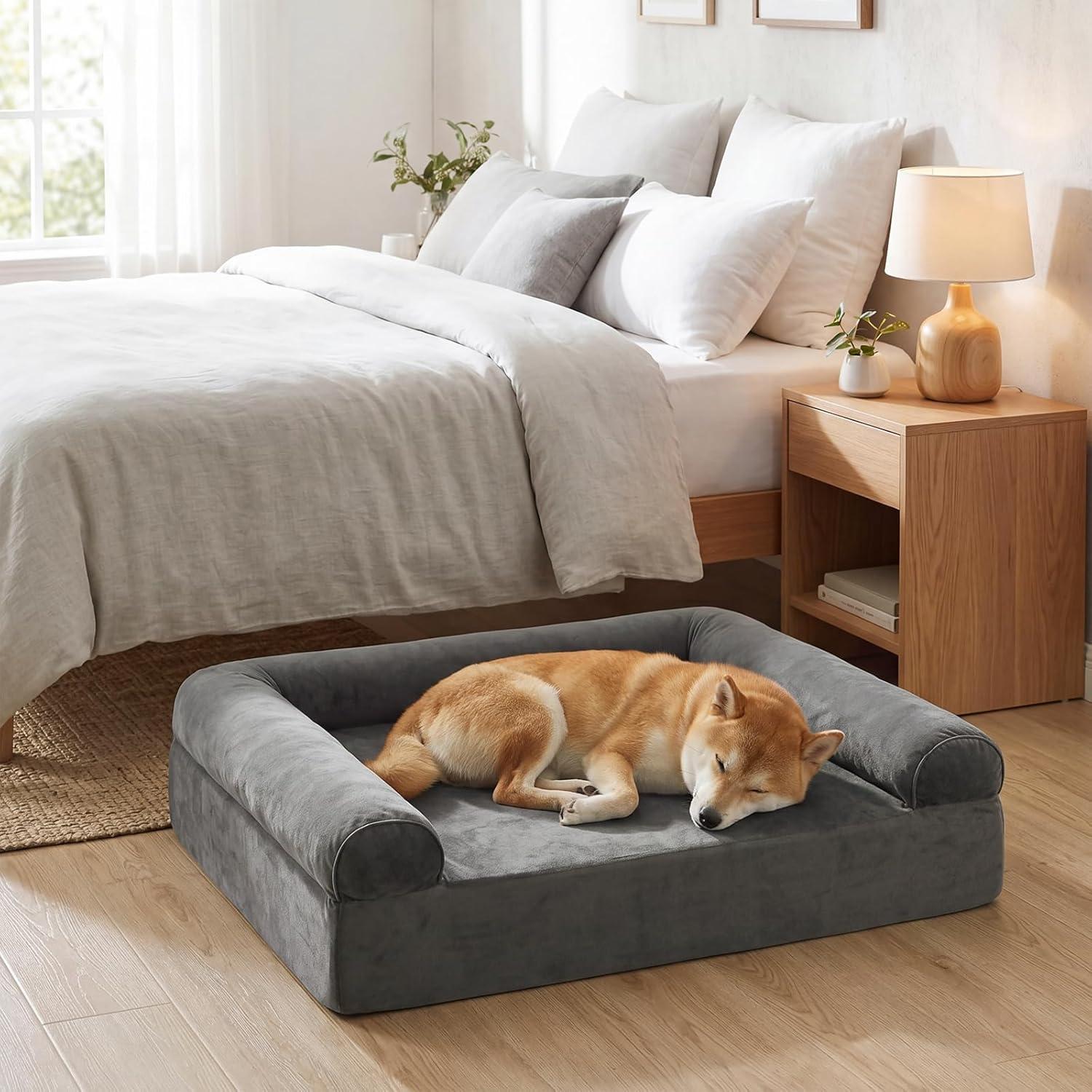 image:imageGiantex Cooling Gel Orthopedic Dog Bed for Large Dogs 40 in Reversible Memory Foam Dog Sofa Bed with 3Sided Bolsters Washable Cover NonSlip Bottom Pet Couch for Dogs up to 95 lbs Light GrayDark Gray
