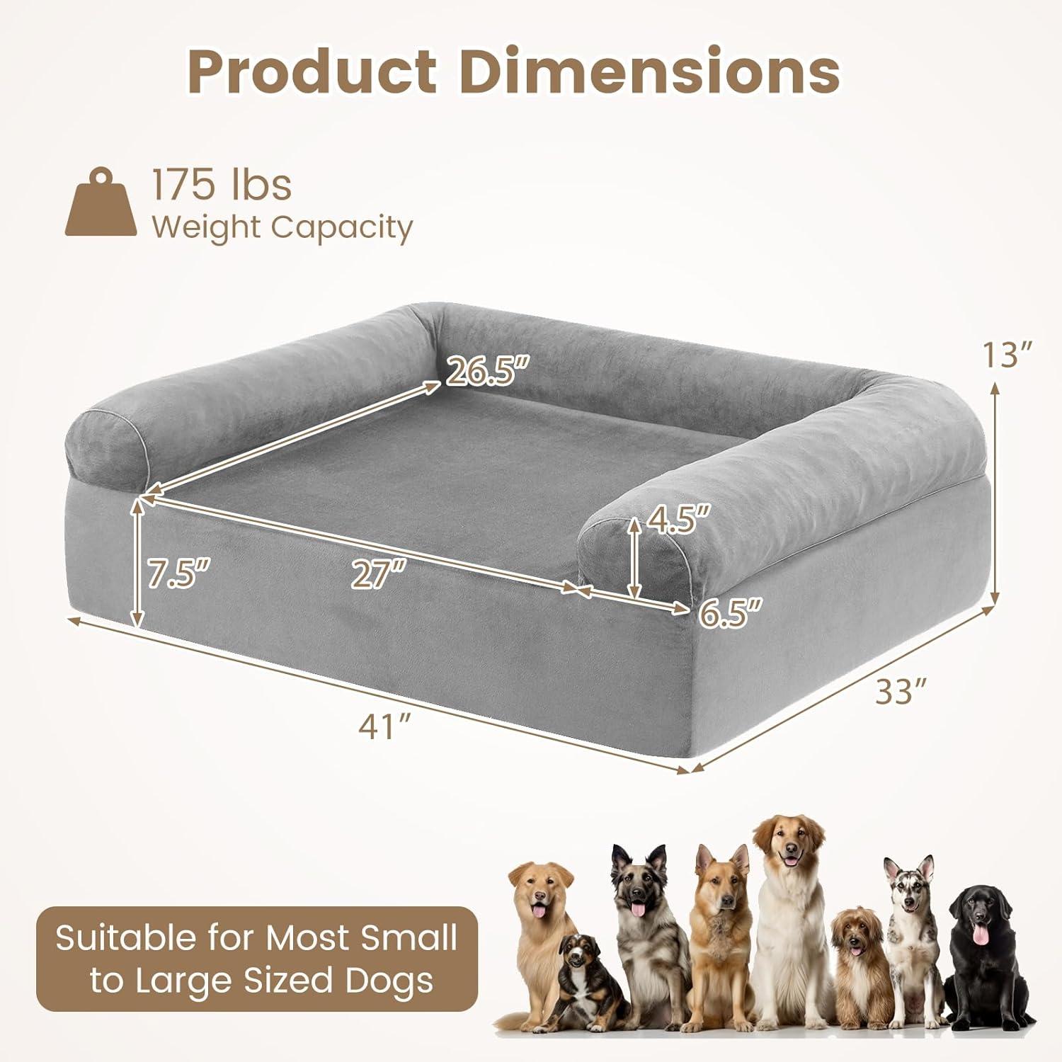 image:imageGiantex Cooling Gel Orthopedic Dog Bed for Large Dogs 40 in Reversible Memory Foam Dog Sofa Bed with 3Sided Bolsters Washable Cover NonSlip Bottom Pet Couch for Dogs up to 95 lbs Light GrayLight Gray