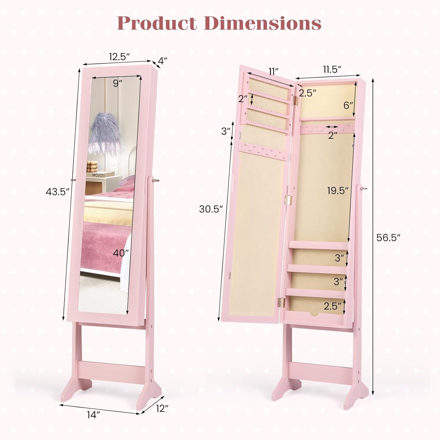 image:imageGiantex Jewelry Armoire with Full Length Mirror Standing Jewelry Cabinet Organizer with 3 Tilting Angles Bedroom Dressing Mirror with Large Storage for Earrings Rings Necklaces Light PinkLight Pink
