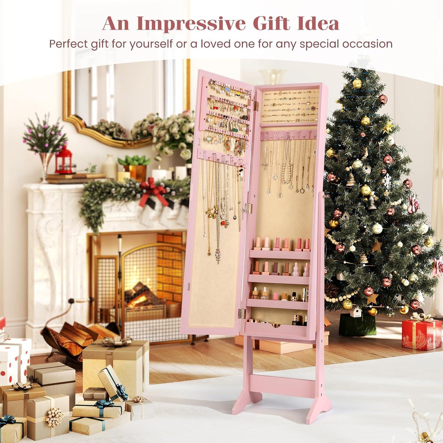 image:imageGiantex Jewelry Armoire with Full Length Mirror Standing Jewelry Cabinet Organizer with 3 Tilting Angles Bedroom Dressing Mirror with Large Storage for Earrings Rings Necklaces Light PinkLight Pink