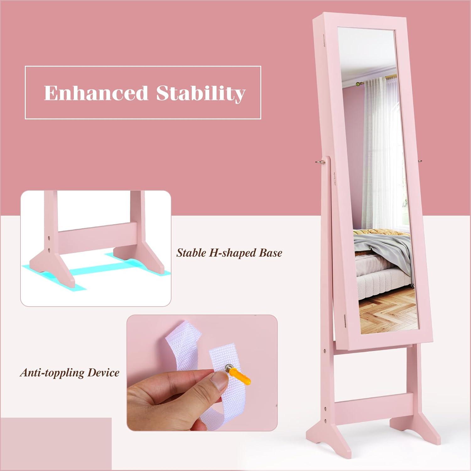 image:imageGiantex Jewelry Armoire with Full Length Mirror Standing Jewelry Cabinet Organizer with 3 Tilting Angles Bedroom Dressing Mirror with Large Storage for Earrings Rings Necklaces Light PinkLight Pink