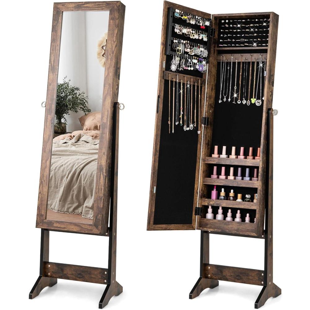 image:imageGiantex Jewelry Armoire with Full Length Mirror Standing Jewelry Cabinet Organizer with 3 Tilting Angles Bedroom Dressing Mirror with Large Storage for Earrings Rings Necklaces Light PinkRustic Brown
