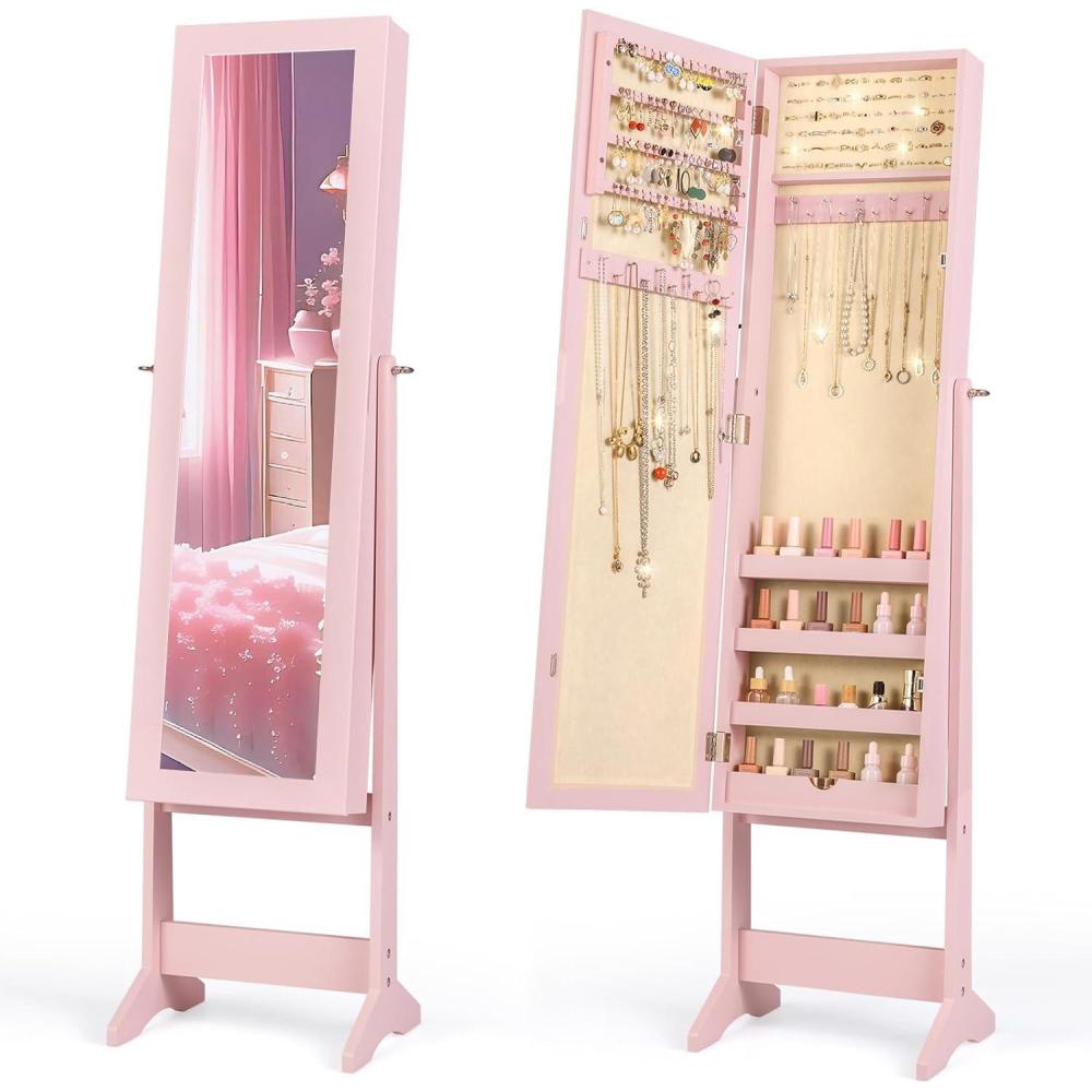 image:imageGiantex Jewelry Armoire with Full Length Mirror Standing Jewelry Cabinet Organizer with 3 Tilting Angles Bedroom Dressing Mirror with Large Storage for Earrings Rings Necklaces Light PinkLight Pink