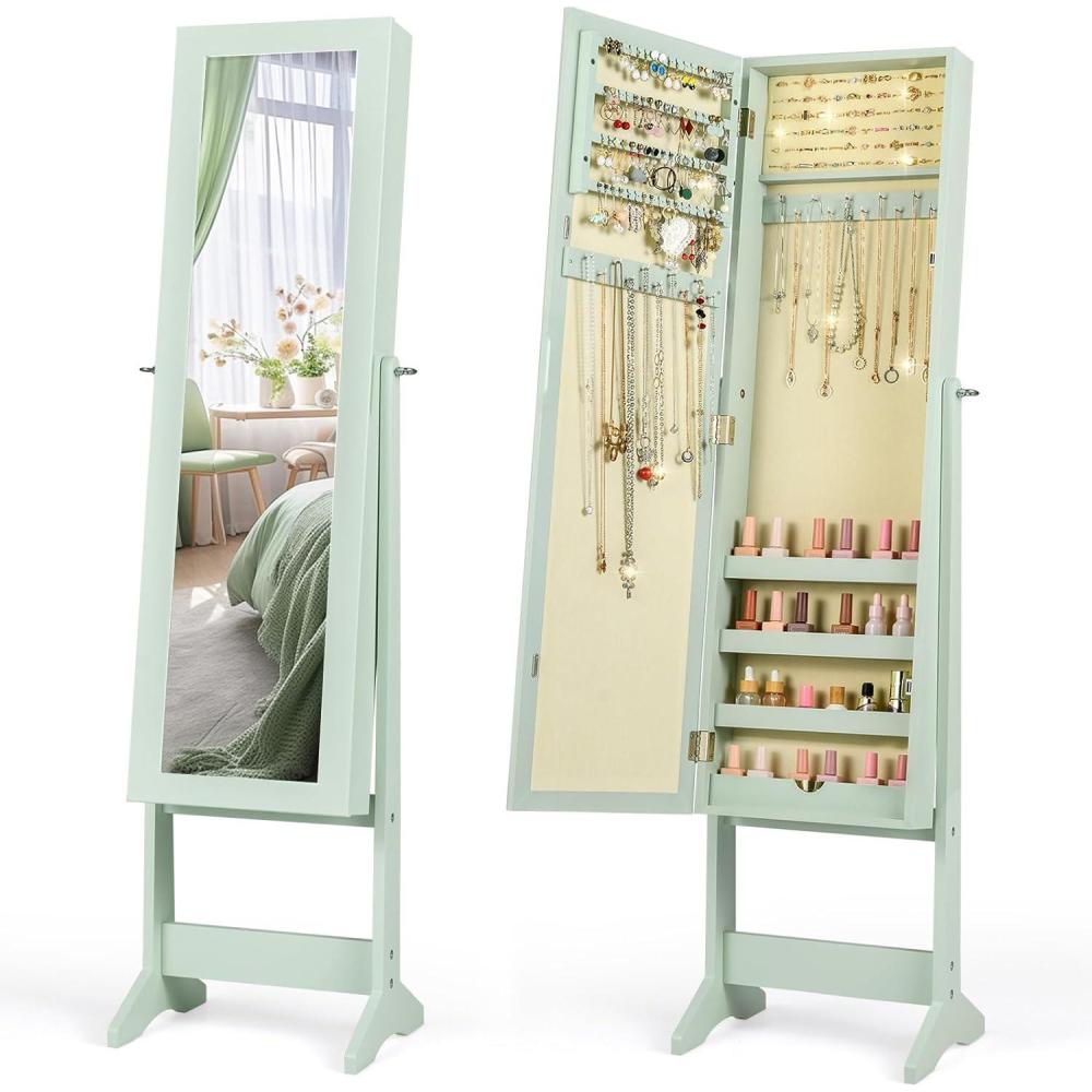 image:imageGiantex Jewelry Armoire with Full Length Mirror Standing Jewelry Cabinet Organizer with 3 Tilting Angles Bedroom Dressing Mirror with Large Storage for Earrings Rings Necklaces Light PinkSage