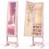 Giantex Jewelry Armoire with Full Length Mirror, Standing Jewelry Cabinet Organizer with 3 Tilting Angles, Bedroom Dressing Mirror with Large Storage for Earrings, Rings, Necklaces, Light Pink(Light Pink)