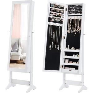 Giantex Jewelry Armoire with Full Length Mirror, Standing Jewelry Cabinet Organizer with 3 Tilting Angles, Bedroom Dressing Mirror with Large Storage for Earrings, Rings, Necklaces, Light Pink(White)