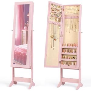 Giantex Jewelry Armoire with Full Length Mirror, Standing Jewelry Cabinet Organizer with 3 Tilting Angles, Bedroom Dressing Mirror with Large Storage for Earrings, Rings, Necklaces, Light Pink(Light Pink)