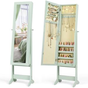 Giantex Jewelry Armoire with Full Length Mirror, Standing Jewelry Cabinet Organizer with 3 Tilting Angles, Bedroom Dressing Mirror with Large Storage for Earrings, Rings, Necklaces, Light Pink(Sage)