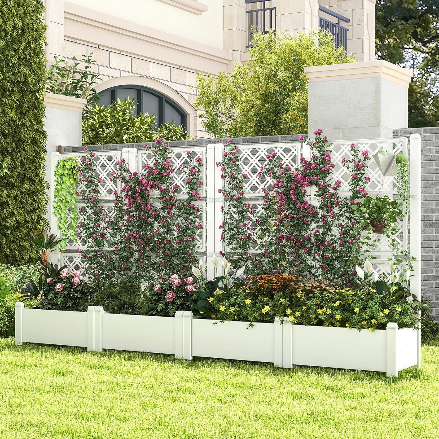 image:imageGiantex Set of 2 Raised Garden Bed with Trellis 59 SelfWatering Planter Box with Water Level Indicator amp Removable Space Dividers High Trellis for Climbing Vine Plant Hanging Indoor Outdoor UseGreyish White