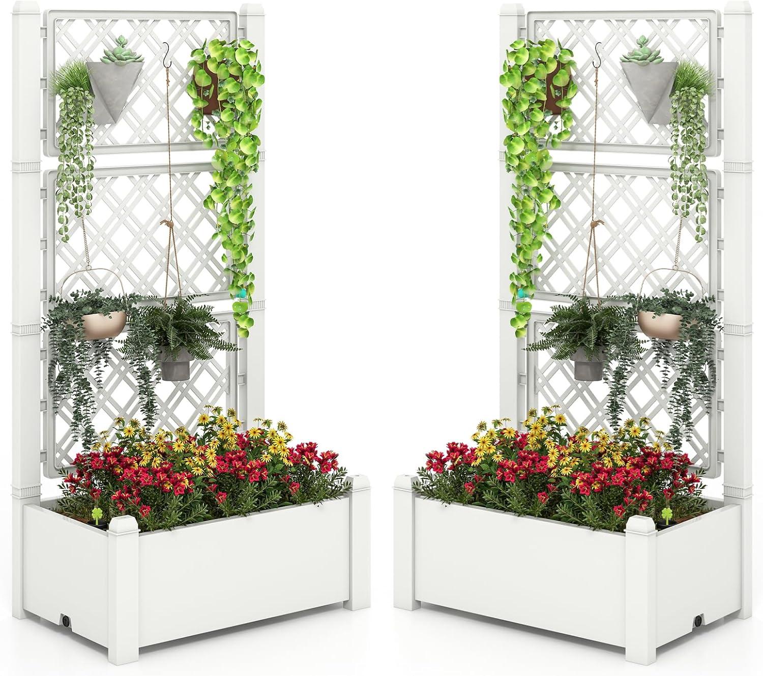 image:imageGiantex Set of 2 Raised Garden Bed with Trellis 59 SelfWatering Planter Box with Water Level Indicator amp Removable Space Dividers High Trellis for Climbing Vine Plant Hanging Indoor Outdoor UseGreyish White