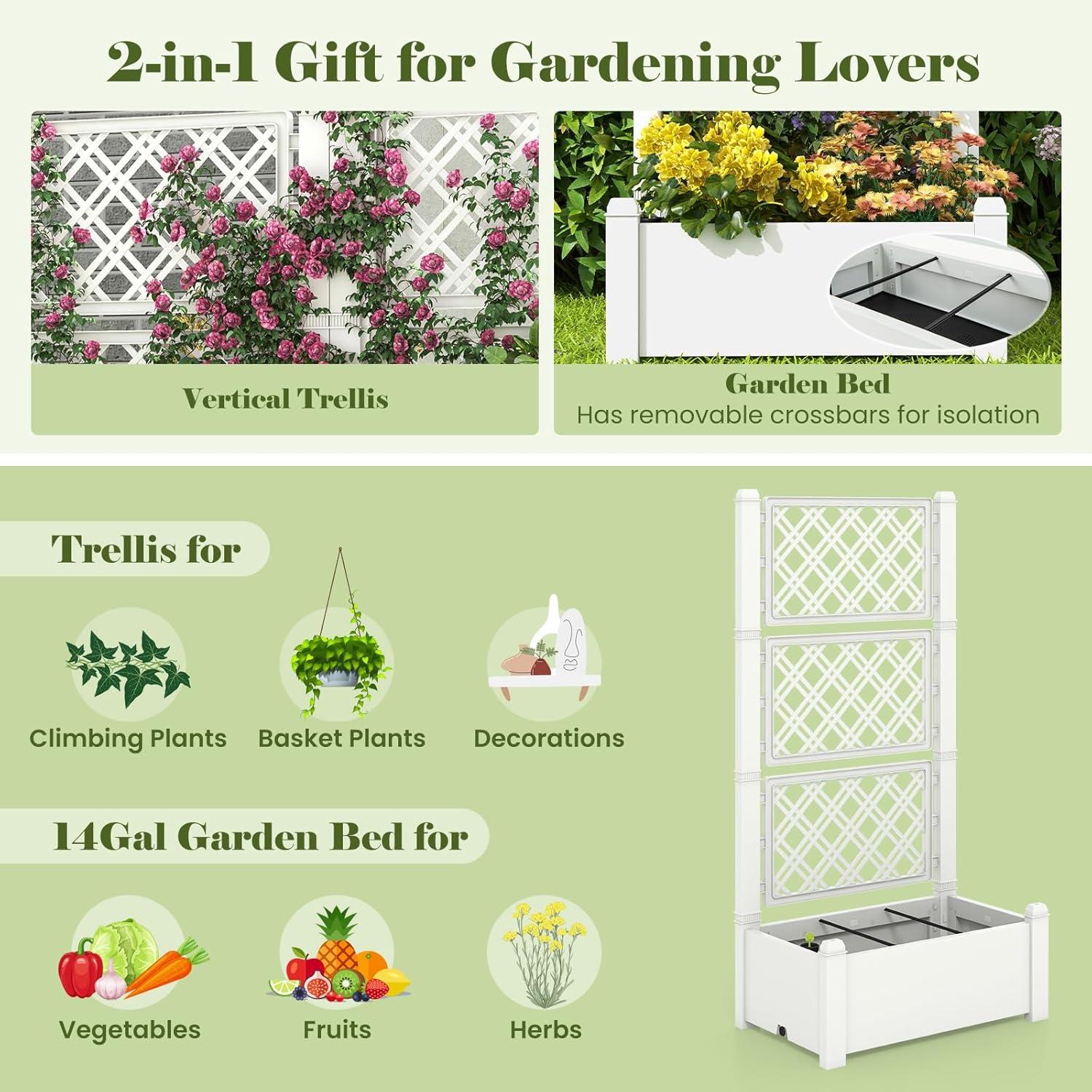 image:imageGiantex Set of 2 Raised Garden Bed with Trellis 59 SelfWatering Planter Box with Water Level Indicator amp Removable Space Dividers High Trellis for Climbing Vine Plant Hanging Indoor Outdoor UseGreyish White