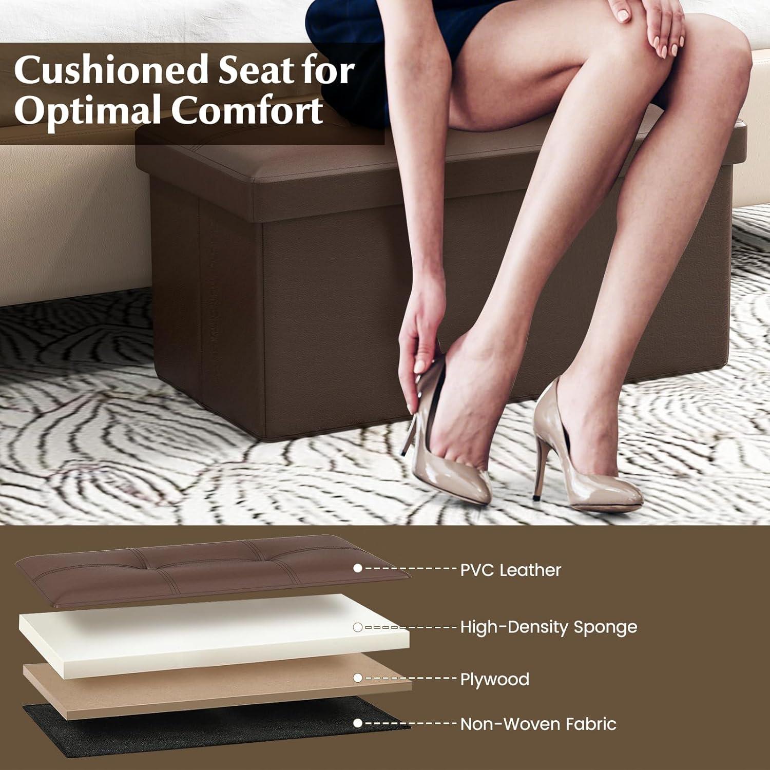image:imageGiantex Storage Ottoman Bench 30 Inches Folding Leather Ottoman Foot Rest Coffee Table Foot Stool Padded Seat Ottoman with Storage for Living Room Bedroom End of Bed 30L x 15W x 15H BlackBrown