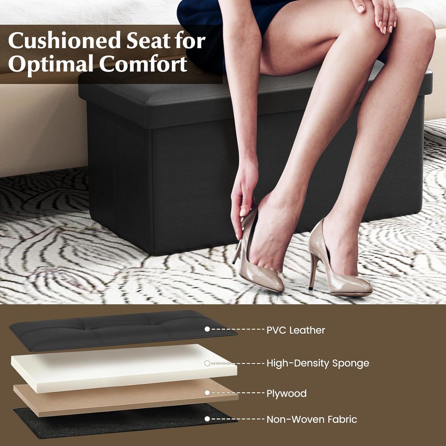 image:imageGiantex Storage Ottoman Bench 30 Inches Folding Leather Ottoman Foot Rest Coffee Table Foot Stool Padded Seat Ottoman with Storage for Living Room Bedroom End of Bed 30L x 15W x 15H BlackBlack