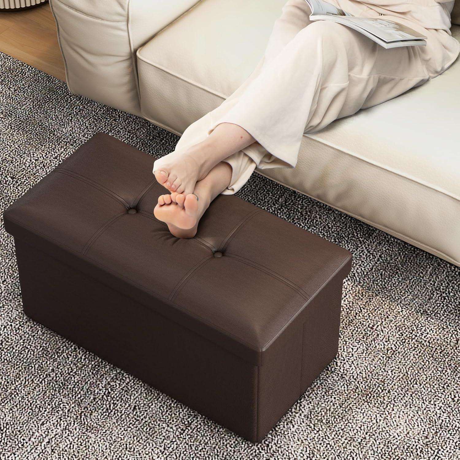 image:imageGiantex Storage Ottoman Bench 30 Inches Folding Leather Ottoman Foot Rest Coffee Table Foot Stool Padded Seat Ottoman with Storage for Living Room Bedroom End of Bed 30L x 15W x 15H BlackBrown