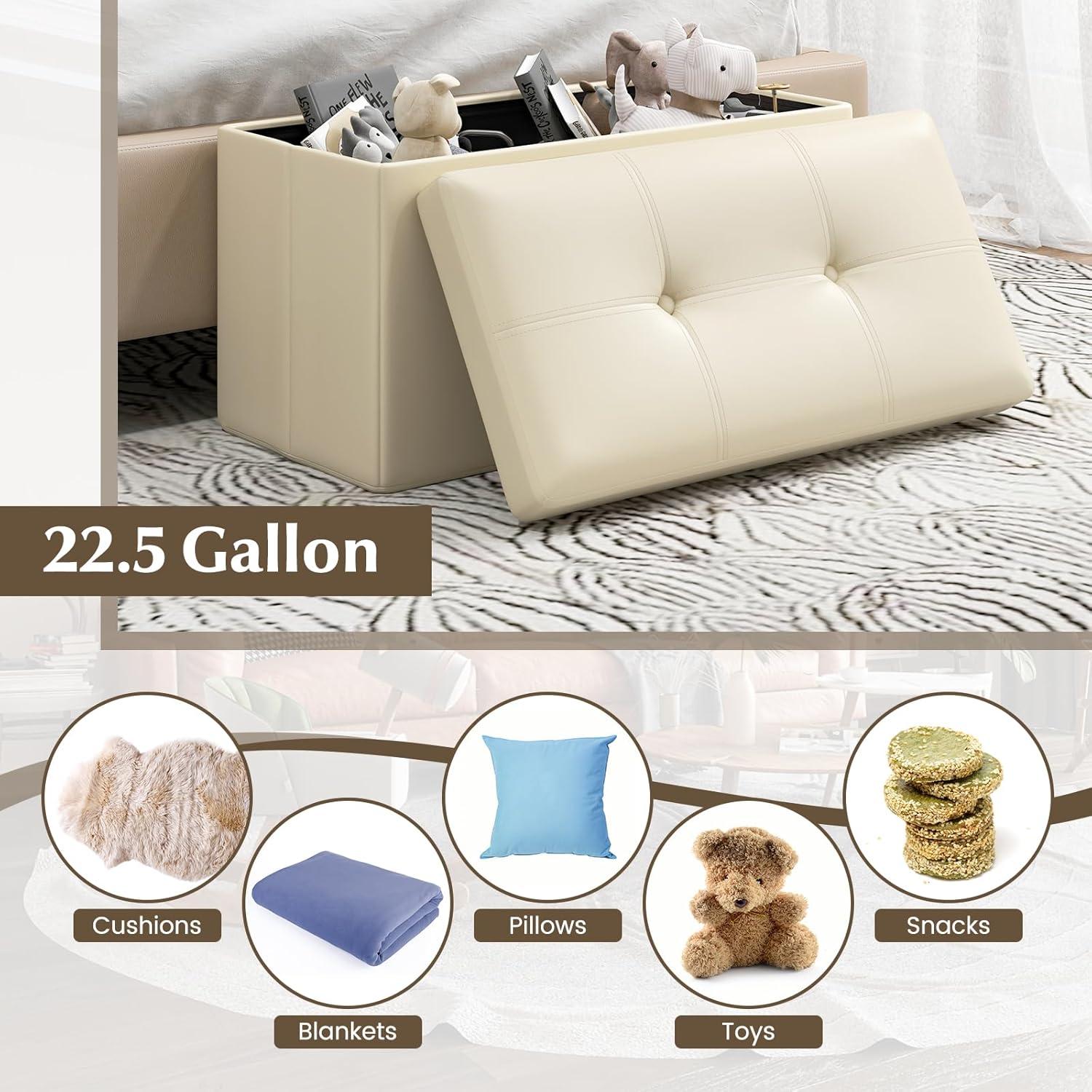 image:imageGiantex Storage Ottoman Bench 30 Inches Folding Leather Ottoman Foot Rest Coffee Table Foot Stool Padded Seat Ottoman with Storage for Living Room Bedroom End of Bed 30L x 15W x 15H BlackBeige