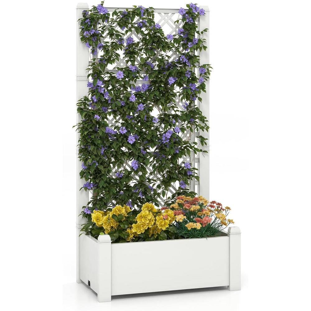 image:imageGiantex Set of 2 Raised Garden Bed with Trellis 59 SelfWatering Planter Box with Water Level Indicator amp Removable Space Dividers High Trellis for Climbing Vine Plant Hanging Indoor Outdoor UseGreyish White
