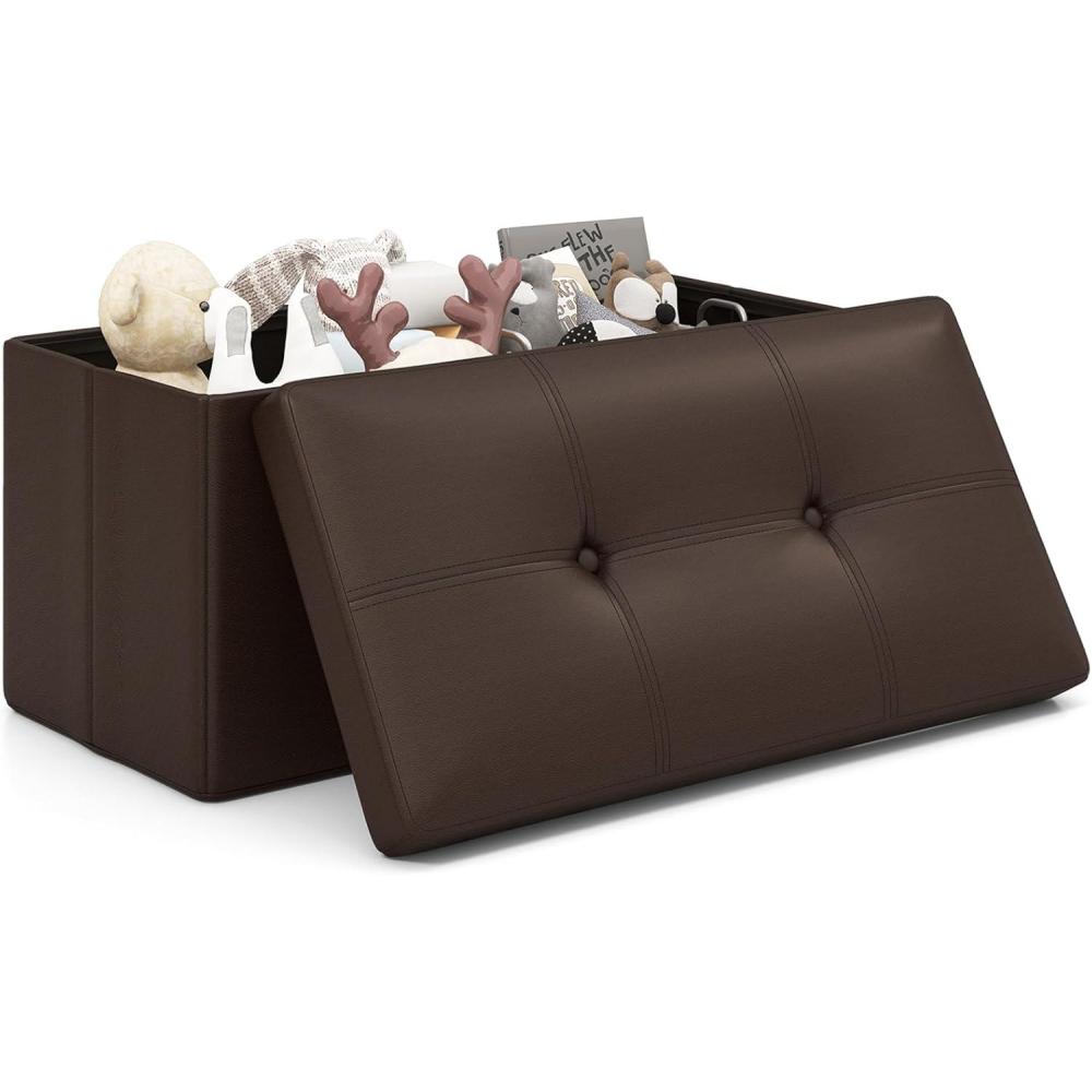 image:imageGiantex Storage Ottoman Bench 30 Inches Folding Leather Ottoman Foot Rest Coffee Table Foot Stool Padded Seat Ottoman with Storage for Living Room Bedroom End of Bed 30L x 15W x 15H BlackBrown