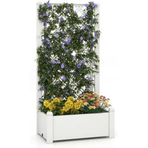 Giantex Set of 2 Raised Garden Bed with Trellis 59”, Self-Watering Planter Box with Water Level Indicator & Removable Space Dividers, High Trellis for Climbing Vine Plant Hanging, Indoor Outdoor Use(Greyish White)