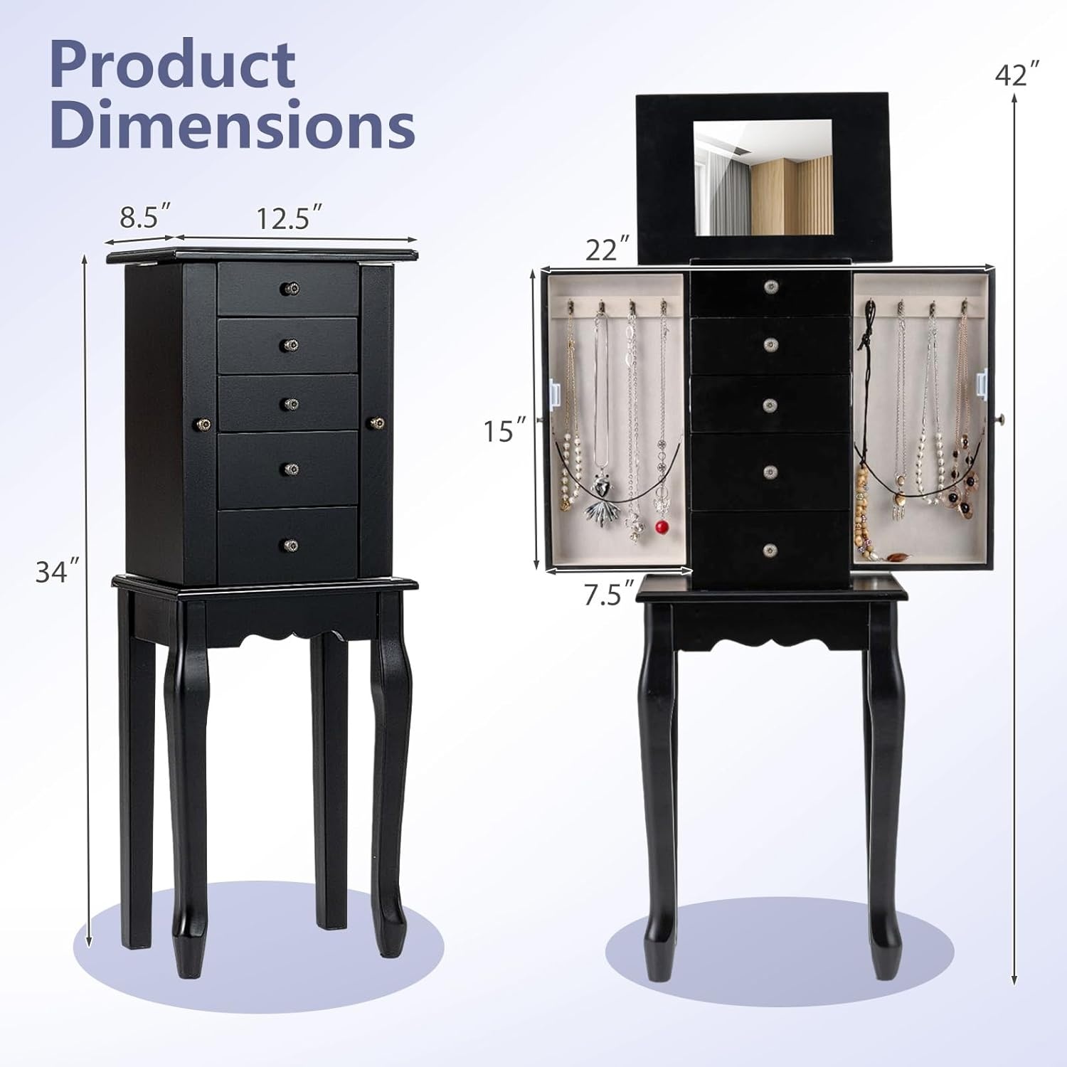 image:imageGiantex Standing Jewelry Armoire Cabinet with 4 Drawers Flip Top Mirror Top Storage Compartments 2 Side Doors with 8 Necklace Hooks Freestanding Jewelry Organizer Box Chest PinkBlack
