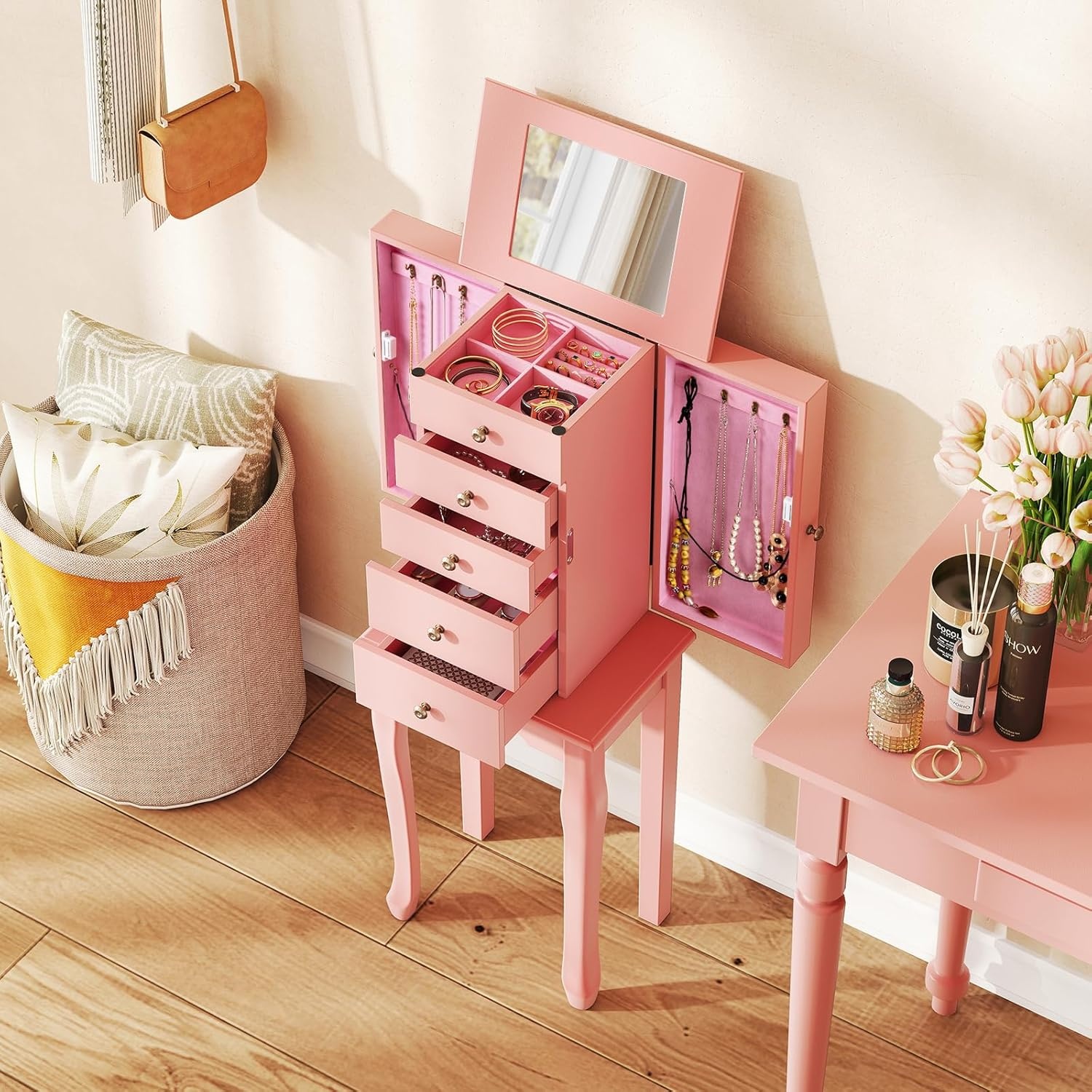 image:imageGiantex Standing Jewelry Armoire Cabinet with 4 Drawers Flip Top Mirror Top Storage Compartments 2 Side Doors with 8 Necklace Hooks Freestanding Jewelry Organizer Box Chest PinkPink