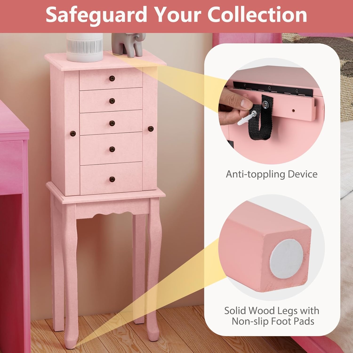 image:imageGiantex Standing Jewelry Armoire Cabinet with 4 Drawers Flip Top Mirror Top Storage Compartments 2 Side Doors with 8 Necklace Hooks Freestanding Jewelry Organizer Box Chest PinkPink