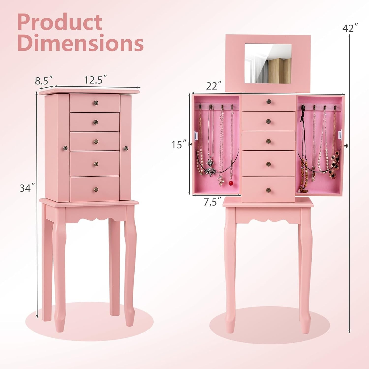 image:imageGiantex Standing Jewelry Armoire Cabinet with 4 Drawers Flip Top Mirror Top Storage Compartments 2 Side Doors with 8 Necklace Hooks Freestanding Jewelry Organizer Box Chest PinkPink