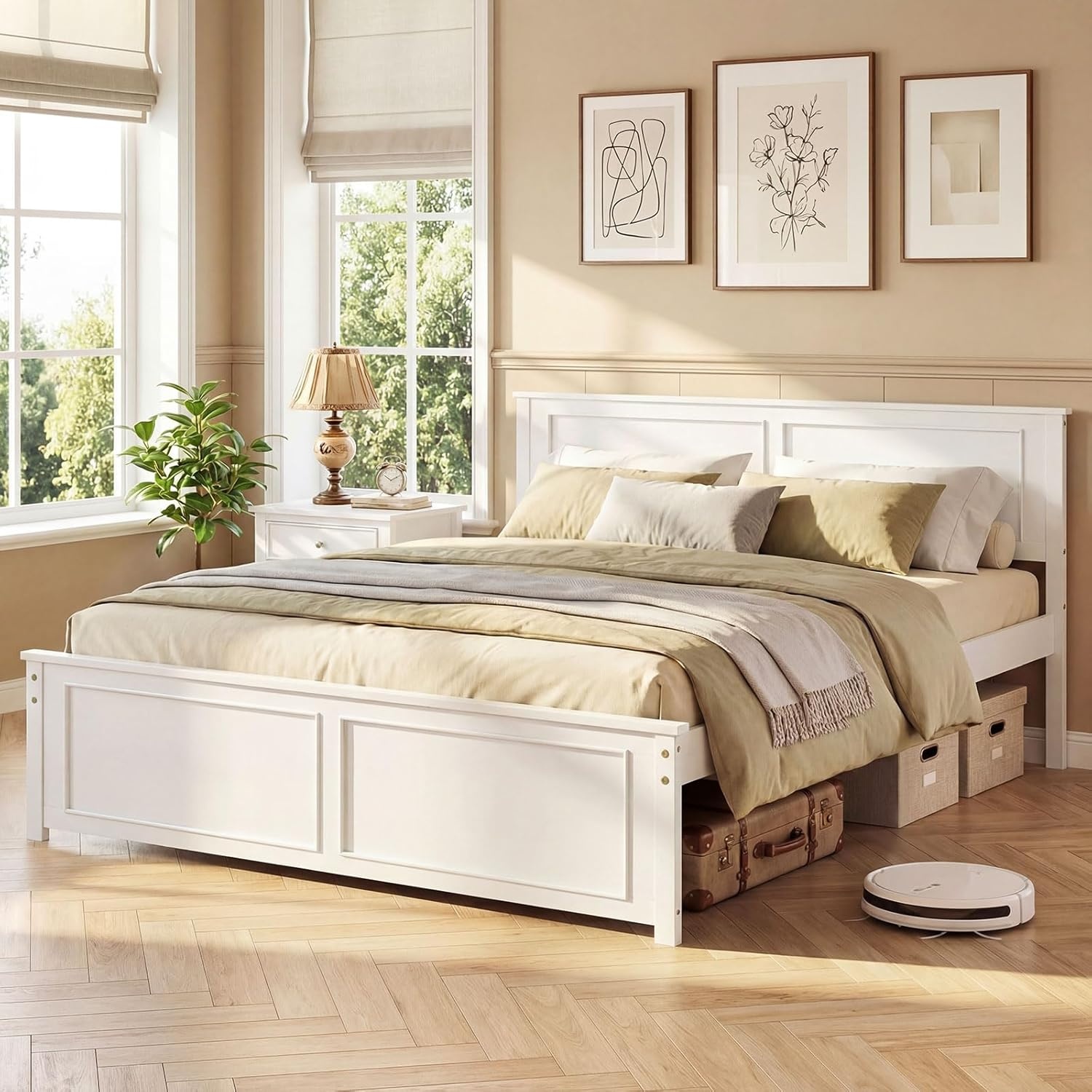 image:imageGiantex Wood Queen Size Bed Frame with Headboard Farmhouse Solid Platform Bed wWooden Slat Support Mattress Foundation UnderBed Storage No Box Spring Needed WhiteWhitesolid Headboard