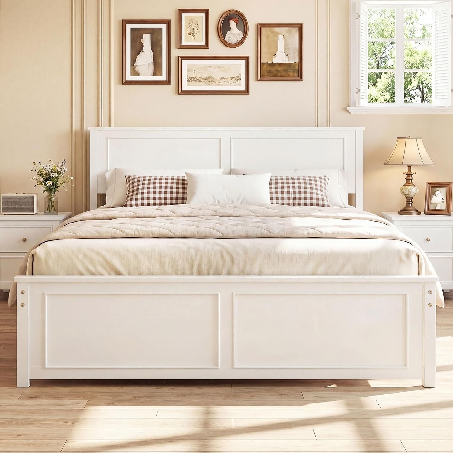 image:imageGiantex Wood Queen Size Bed Frame with Headboard Farmhouse Solid Platform Bed wWooden Slat Support Mattress Foundation UnderBed Storage No Box Spring Needed WhiteWhitesolid Headboard