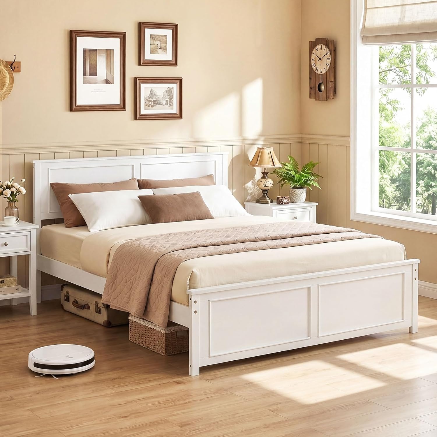 image:imageGiantex Wood Queen Size Bed Frame with Headboard Farmhouse Solid Platform Bed wWooden Slat Support Mattress Foundation UnderBed Storage No Box Spring Needed WhiteWhitesolid Headboard