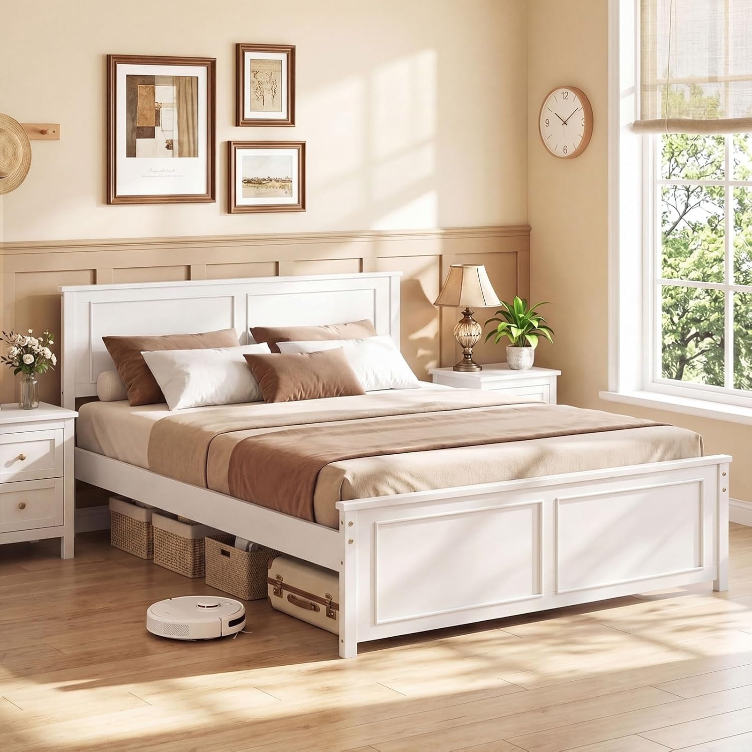 image:imageGiantex Wood Queen Size Bed Frame with Headboard Farmhouse Solid Platform Bed wWooden Slat Support Mattress Foundation UnderBed Storage No Box Spring Needed WhiteWhitesolid Headboard